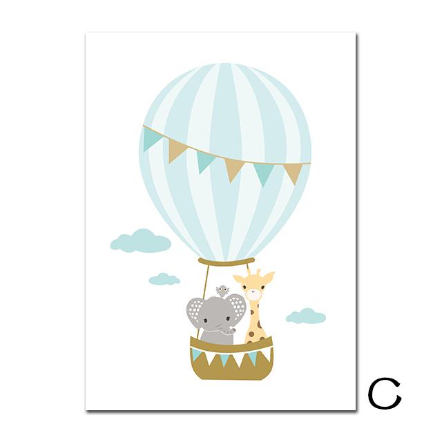 Hot Air Balloon Canvas Picture Blue Stars Cloud Nursery Print Cartoon Letter Poster Nordic Giraffe Elephant Painting Kids Room
