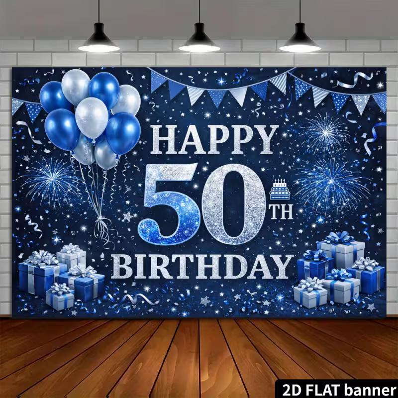2D Flat Glitter 50th Birthday Banner Blue & Silver Themed Backdrop with Balloons & Gifts