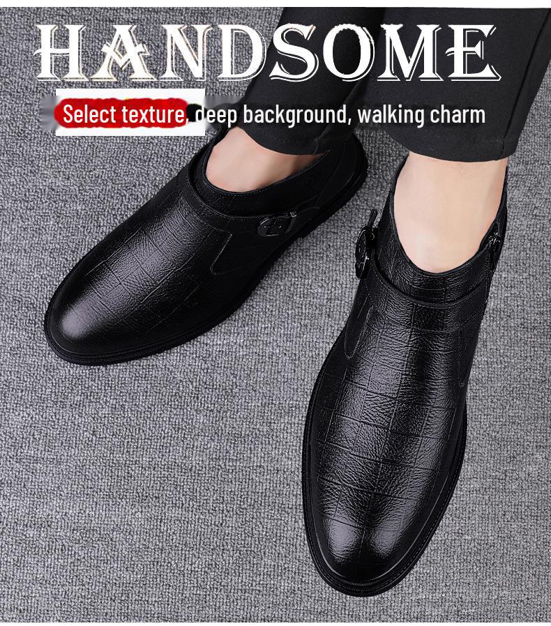 Men's British Style Mid-High Top Layer Cowhide Martin Boots, Autumn/Winter Leather, Plus Velvet, Zipper Short Boots