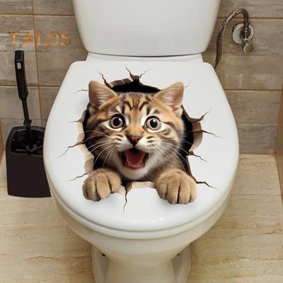 Through-wall Cat Toilet Sticker Waterproof Removable Self-adhesive PVC Living Room Bathroom Wall Art 3D Effect Simulation Kitten Toilet Seat Lid