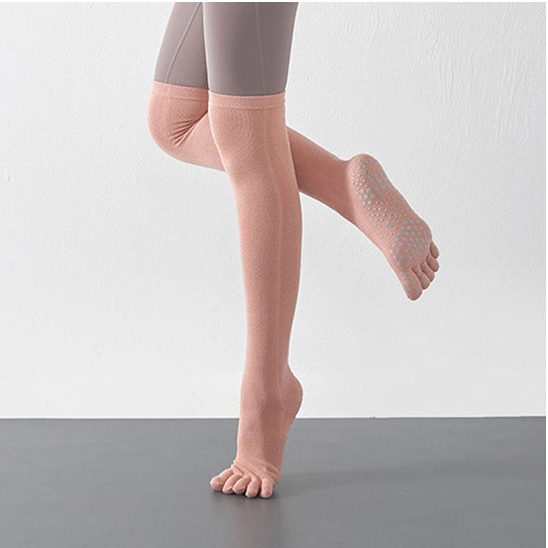 High Quality Non-Slip Knee Socks Five Fingers Anti-Skid Thigh Stockings Solid Cotton 5 Toes Grip Pilates Dance Sport Floor Sock