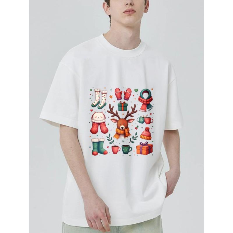 Christmas Theme T Shirt Black Reindeer Socks Mittens Scarf Gift Boxes and Mugs Print for Holiday Season Winter Festive Outfit