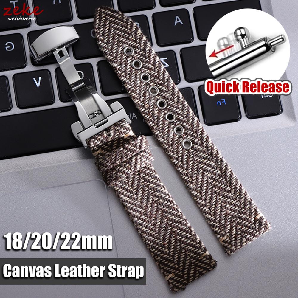 Vintage Genuine Leather Canvas Straps 18mm 20mm 22mm Quick Release Nylon Bracelet for Omega for Seiko Butterfly Clasp Watch Band