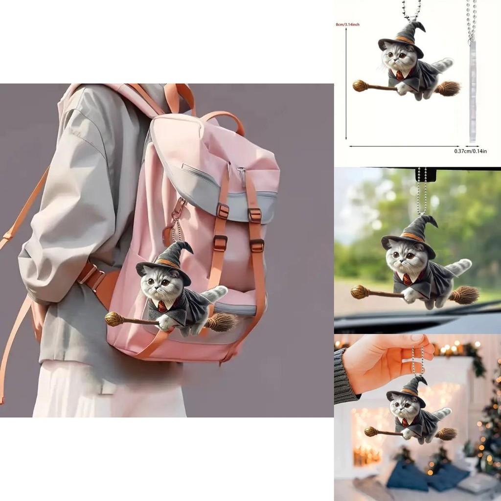 Acryl-Autodekorationen mit flacher Oberfläche und einem magischen Katzenmotiv auf einem Besen für den Fahrzeuginnenraum