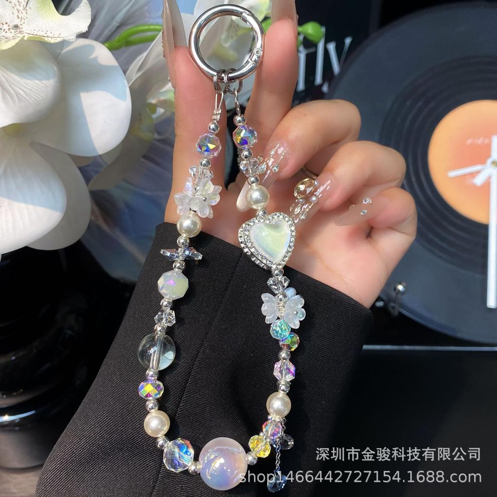 Phone Chain with Rhinestones, Colorful Heart Phone Chain Strap, Wrist Strap, Handmade Crystal Beaded DIY Flower Chain