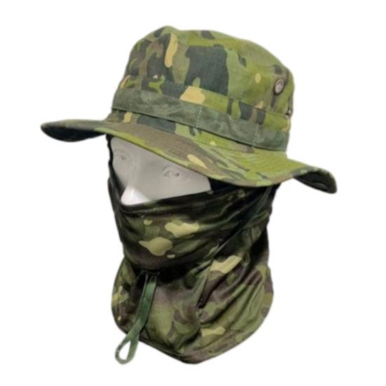 Camouflage Sonnenhut mit Sturmhaube Gesichtsmaske, UV-Schutz Herren Hut mit breiter Krempe, Atmungsaktiver Fischerhut für Outdoor Angeln Wandern Radfahren