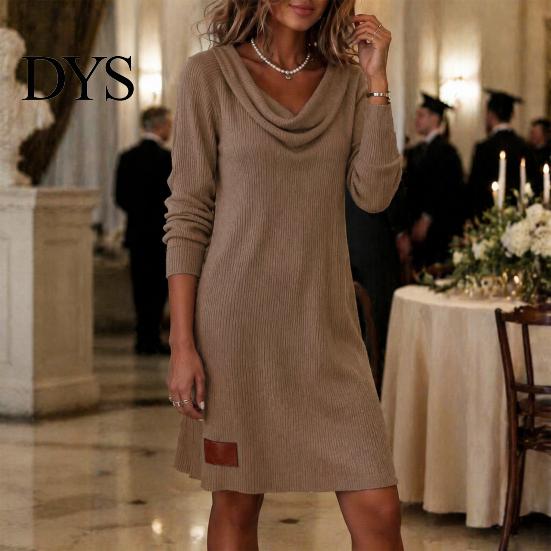 Versatile Women Dress Cowl Neck Knit for Women, Long Sleeve Ribbed Stylish Casual Mini Sweater Dress, Fall Spring Outfits Mid-length Loose