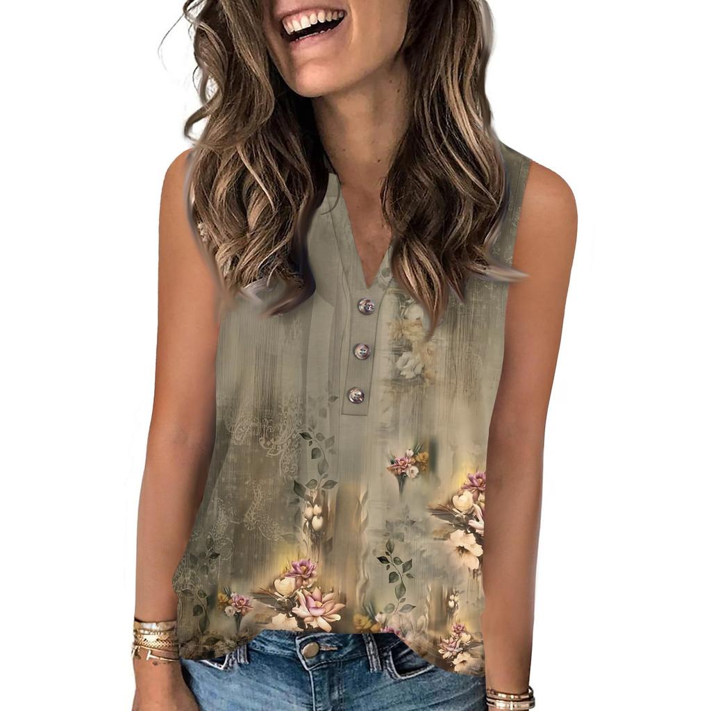 Women's Casual Fashion Summer Vintage Floral Print Tank Top V-neck Sleeveless Button-down Top