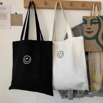 Women Canvas Shoulder Bag Smiling Face Print Ladies Casual Handbag Tote Bag Reusable Shopping Beach Travel Bag