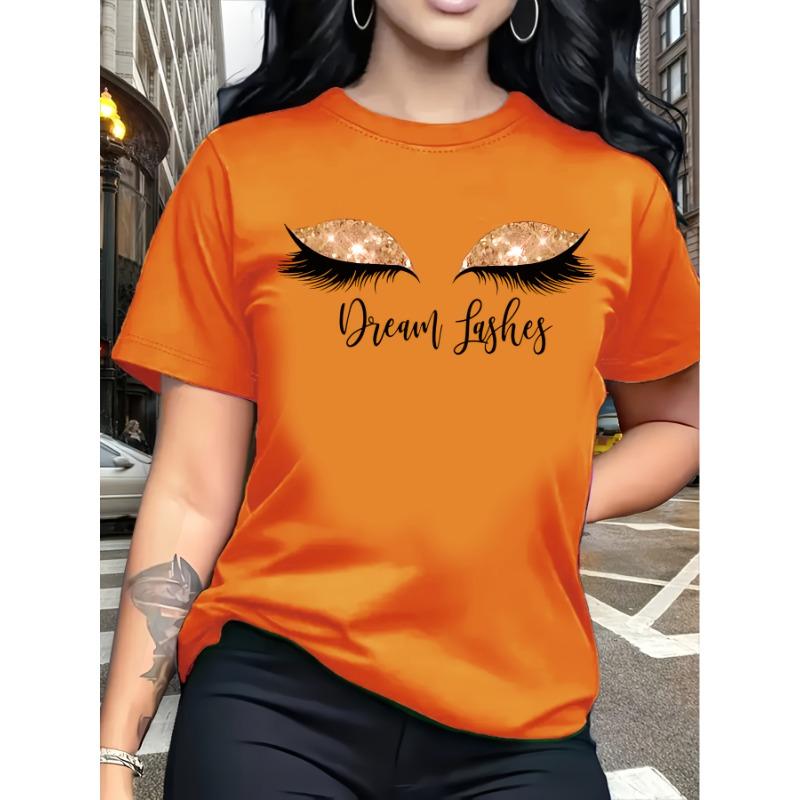 Eyelash and Dream Abstract Portrait Pattern Printed T-shirt, Short Sleeve Round Neck Casual Top, Summer and Spring, Women's Wear