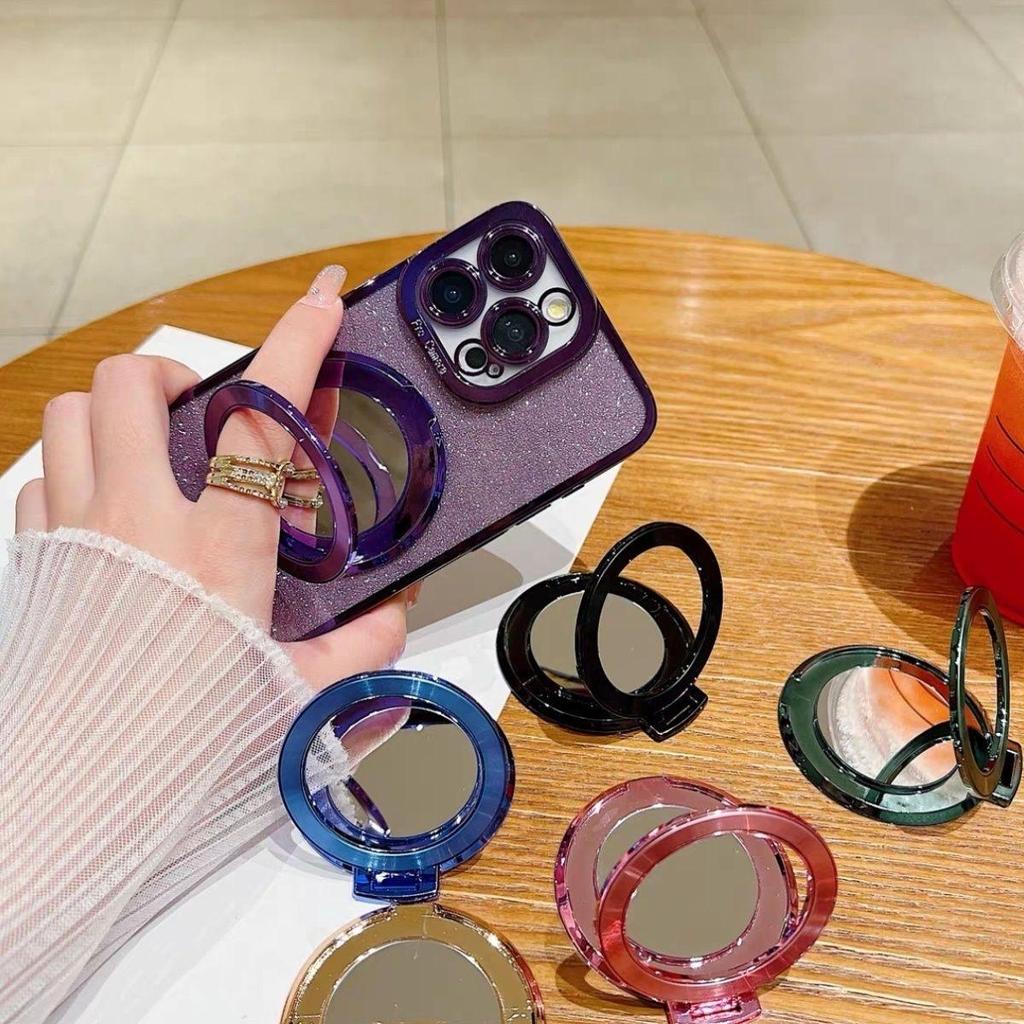 Ultra-thin Magnetic Ring Stand with CD Pattern for Mobile Phones - Foldable, Adhesive, and MagSafe Compatible.