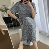 Summer Women Dress Small Flower Print Crew Neck Loose Short Sleeves Pleated Mid-calf Length Pullover Dating Shopping Midi Dress