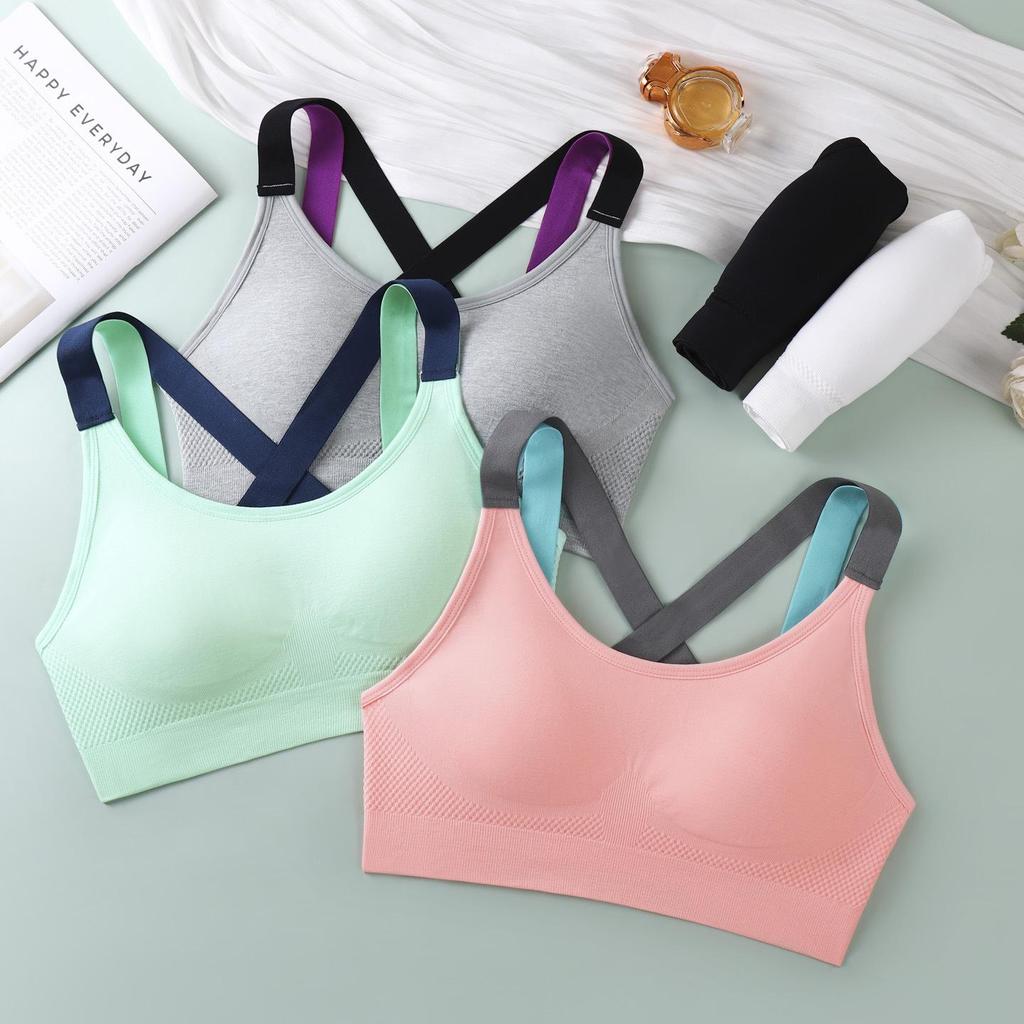 Strappy Cross Back Color Block Push-Up Sports Bra - Wire-Free, Breathable for Yoga & Running