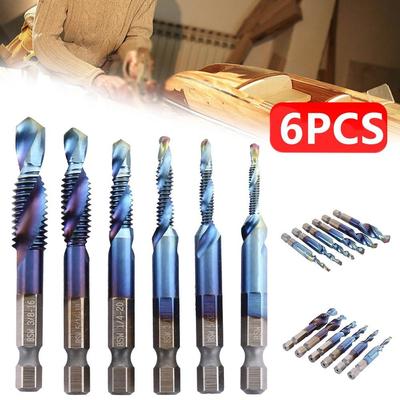 6Pcs/Set 1/4 Hex Shank HSS Metric Thread Tap HSS Drill Bits Spiral Trapezoidal Tap Hand Screw Taps M3 M4 M5 M6 M8 M1O Tap Kit