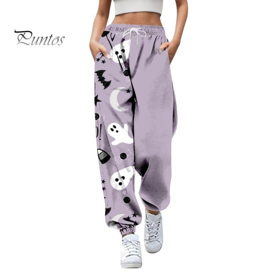 Women Sweatpants Elastic High Waist Adjustable Drawstring Joggers Pants Halloween Pumpkin Print Fitness Pants