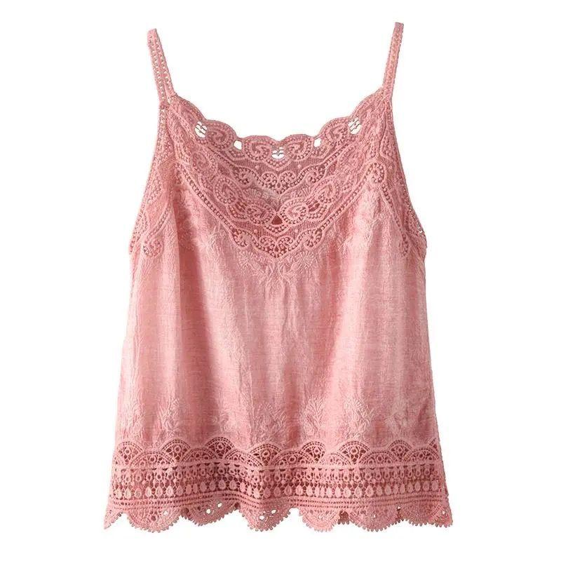 Summer Vintage Lace Hollowed Out Hook and Loop Cotton Vest Thin Camisole Top Sleeveless Inner and Outer