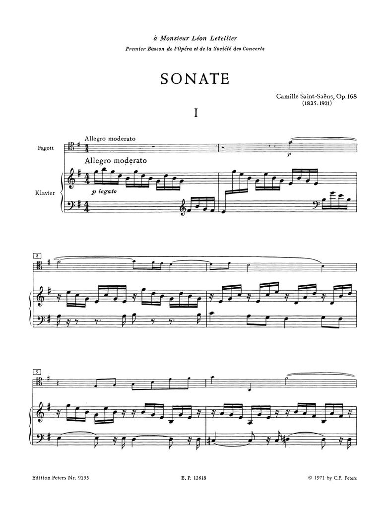 Saint-Saëns: Sonata Op. 168 (bassoon, piano) Peters Publishing