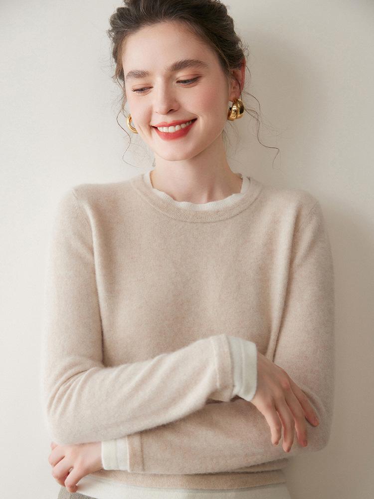 Soft & Glutinous Faux Two-Piece Cashmere Knit Sweater - Women's 2025 Autumn/Winter Round Neck Pullover