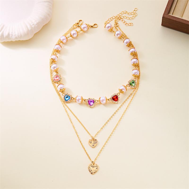 Delicate Rainbow Zircon Heart Necklace for Women Elegant Imitation Pearl Pendant Necklace Girls Party Jewelry Accessory