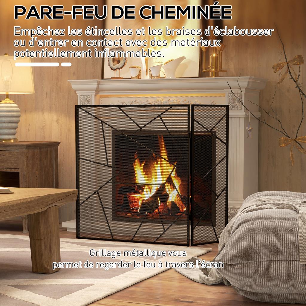 Foldable Fireplace Screen 3 Steel Panels with Geometric Decor and Non-slip Feet, 135W X 1.2D X 85H Cm, Black
