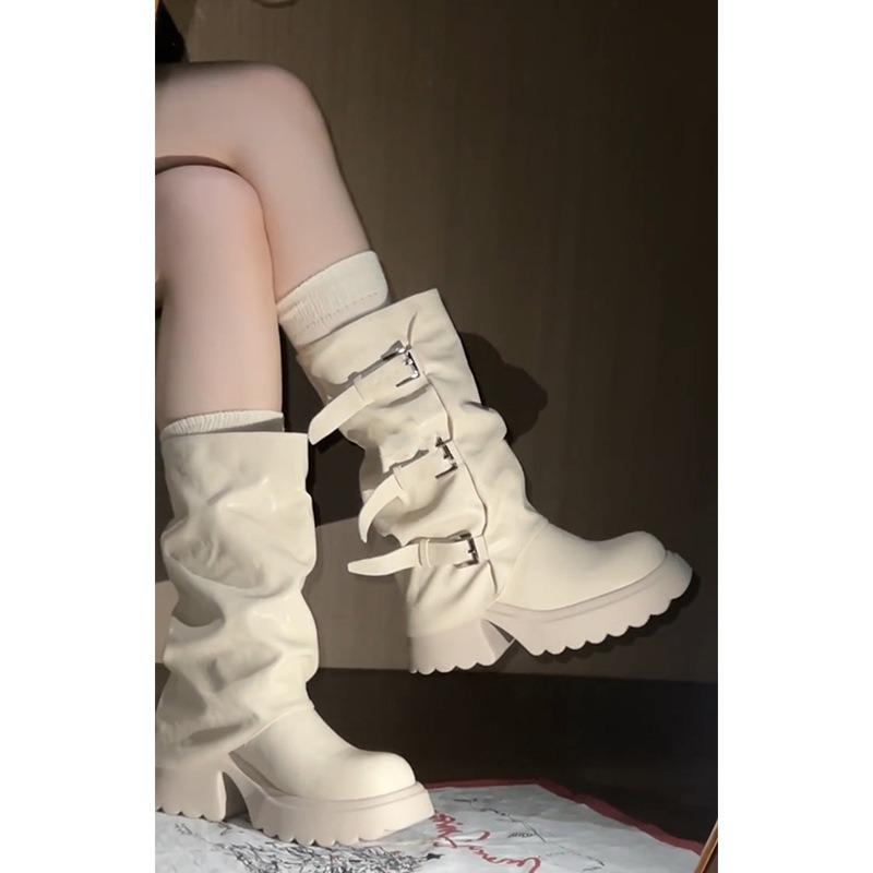 

Женские кремово-белые ботинки с круглым носком, ремешком с пряжкой, ботинки-брюки, на небольшой толстой подошве, средней длины, рыцарские ботинки 35 бежевый