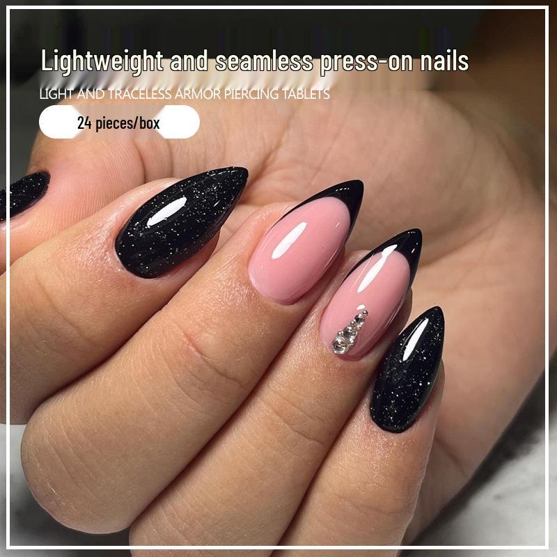 

Black Edged French Wearable Glitter Nail Art with Rhinestones - 24 Removable False Nail Tips UV Gel Glue Kit