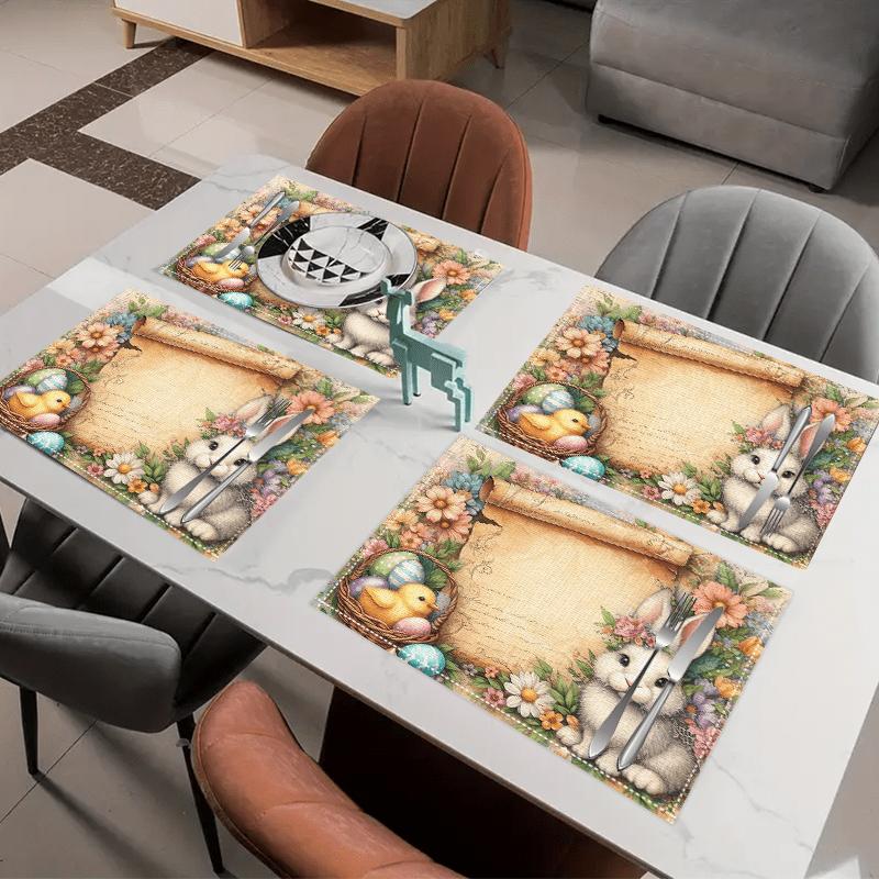 4pcs, Linen Material - Easter Bunny Placemats, Ethnic Traditional Patterns and Geometric Plaids, Washable Table Mats for Dining, Kitchen, Party