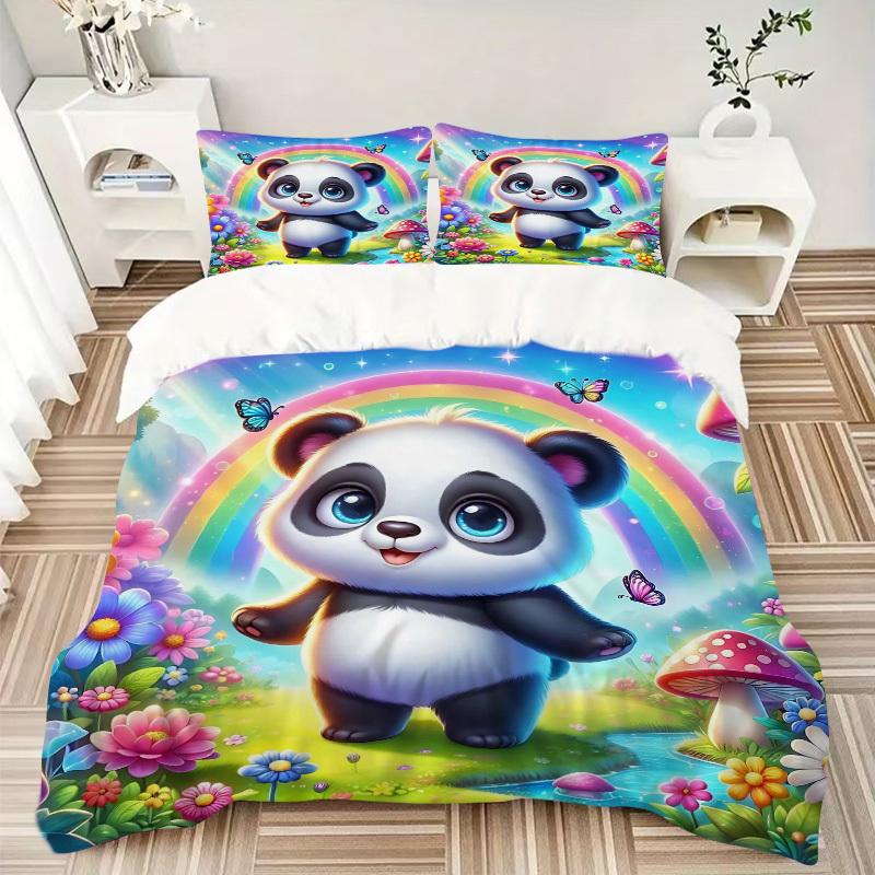 3pcs Rainbow Panda Bedding Set - Includes One Quilt Cover and Two Pillowcases (No Core) - Festival Gift for Bedroom Decor - Anime Cartoon De