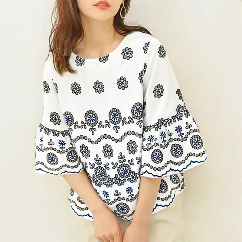 ZANZEA Women Casual Round Neck 3/4 Sleeve Floral Loose Blouse