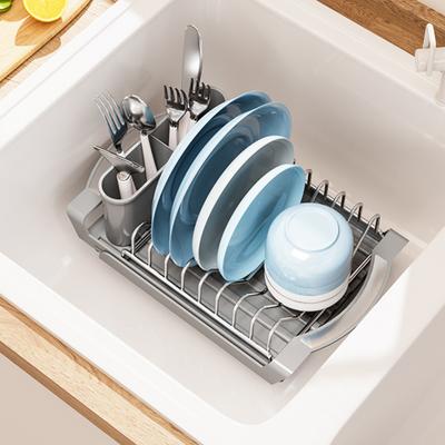 Dish Drying Rack with Cutlery Holder Large Capacity Strong Load-bearing Countertop Extendable Dish Rack with Drain Board