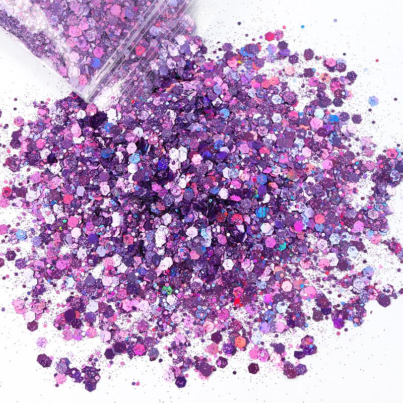 50G holografické smíšené šestihranné třpytky na nehty stříbrné třpytky laserové třpytky tenký film DIY design dekorace na nehty