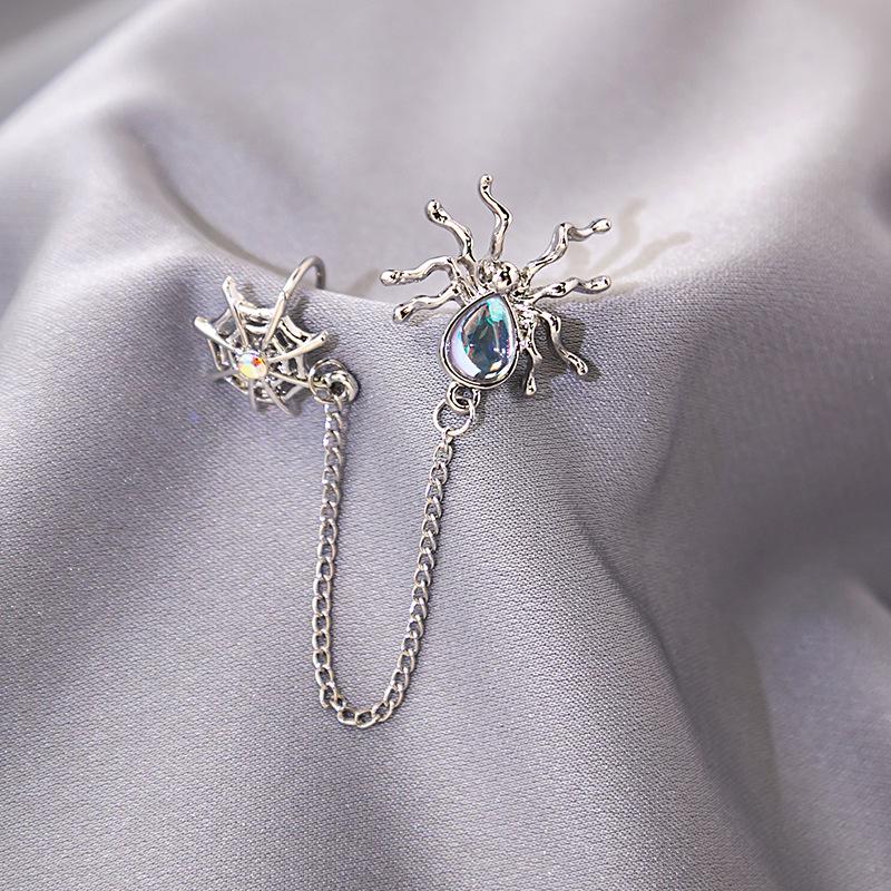 Dark Spider Ear Cuff: Metal Chain, Moonstone Water Drop & Web Design