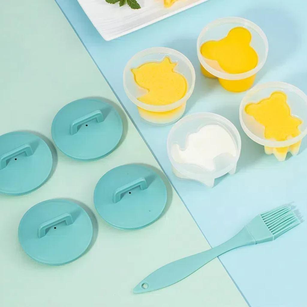 4 Buc/Set Fierbător/Poșator Ouă Drăguț din Plastic cu Pensulă pentru Ulei, Ustensile pentru Gătit Ouă din Plastic Rezistent la Căldură, Formă Ou, Gadget de Bucătărie