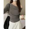 French flower gray swinging collar temperament long-sleeved T-shirt women's autumn pure desire one-word diagonal off-shoulder bottoming shirt slim top