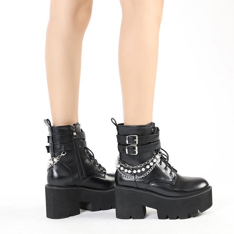 

Pearl Martin Boots Metal Chain High Heel Thick Bottom Side Zipper Women s Boots Knight Boots 35 чорний