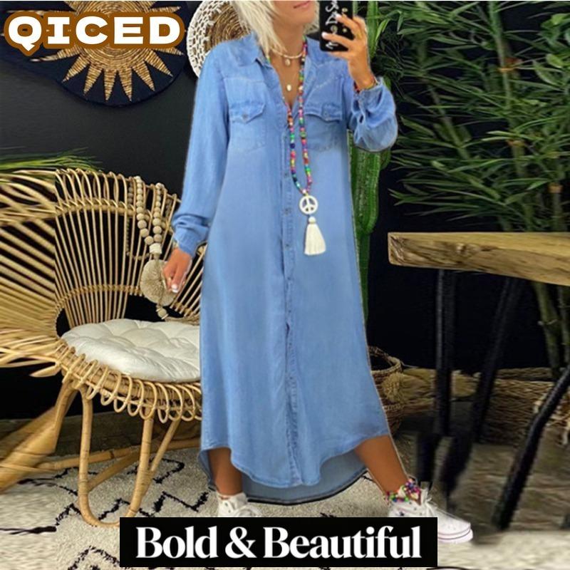 QICED Fashion Autumn Winter POLO Neck Long Sleeve Solid Color Print Casual Dresses