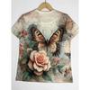 Women's Summer Round Neck Short Sleeved T-shirt with 3D Romantic Rose Print Casual Top Breathable Machine Washable Suitable for Outdoor Daily Wear