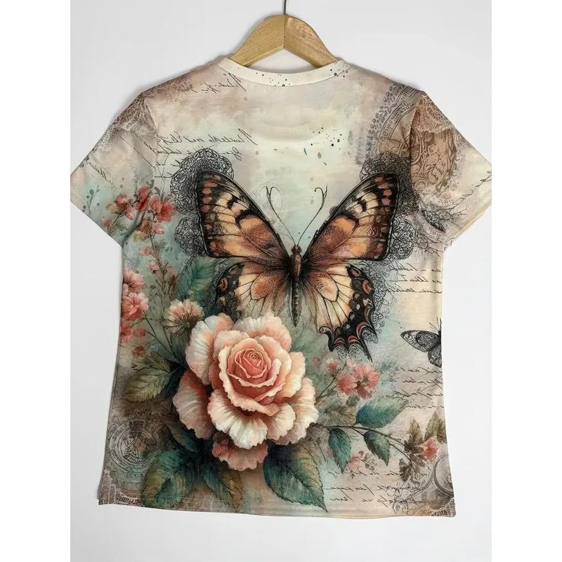 Women's Summer Round Neck Short Sleeved T-shirt with 3D Romantic Rose Print Casual Top Breathable Machine Washable Suitable for Outdoor Daily Wear