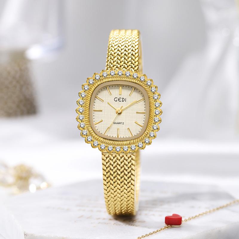 Medieval Wheat Ear Small Gold Watch Light Luxury Diamond-Encrusted Retro Watch Women'S Niche High-End Quartz Watch