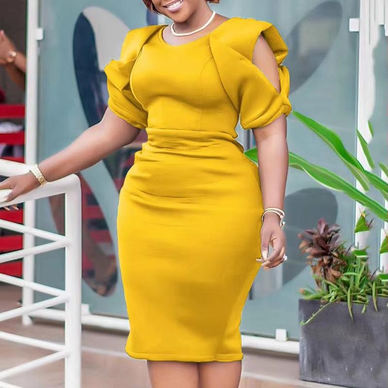 

Sexy Package Hips Dresses Women O Neck Cold Shoulder Solid Mid Calf Luxury Female Birthday Party Vestidos Mujer S жёлтый