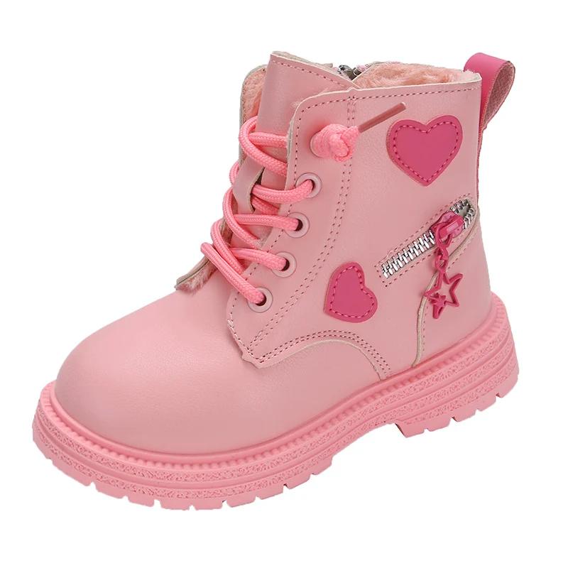 Pink/black Girls Leather Boots with Low Cut Anti Slip Side Zipper Winter Outdoor Girls Fashion Cotton BootsBotas zapatos de niña