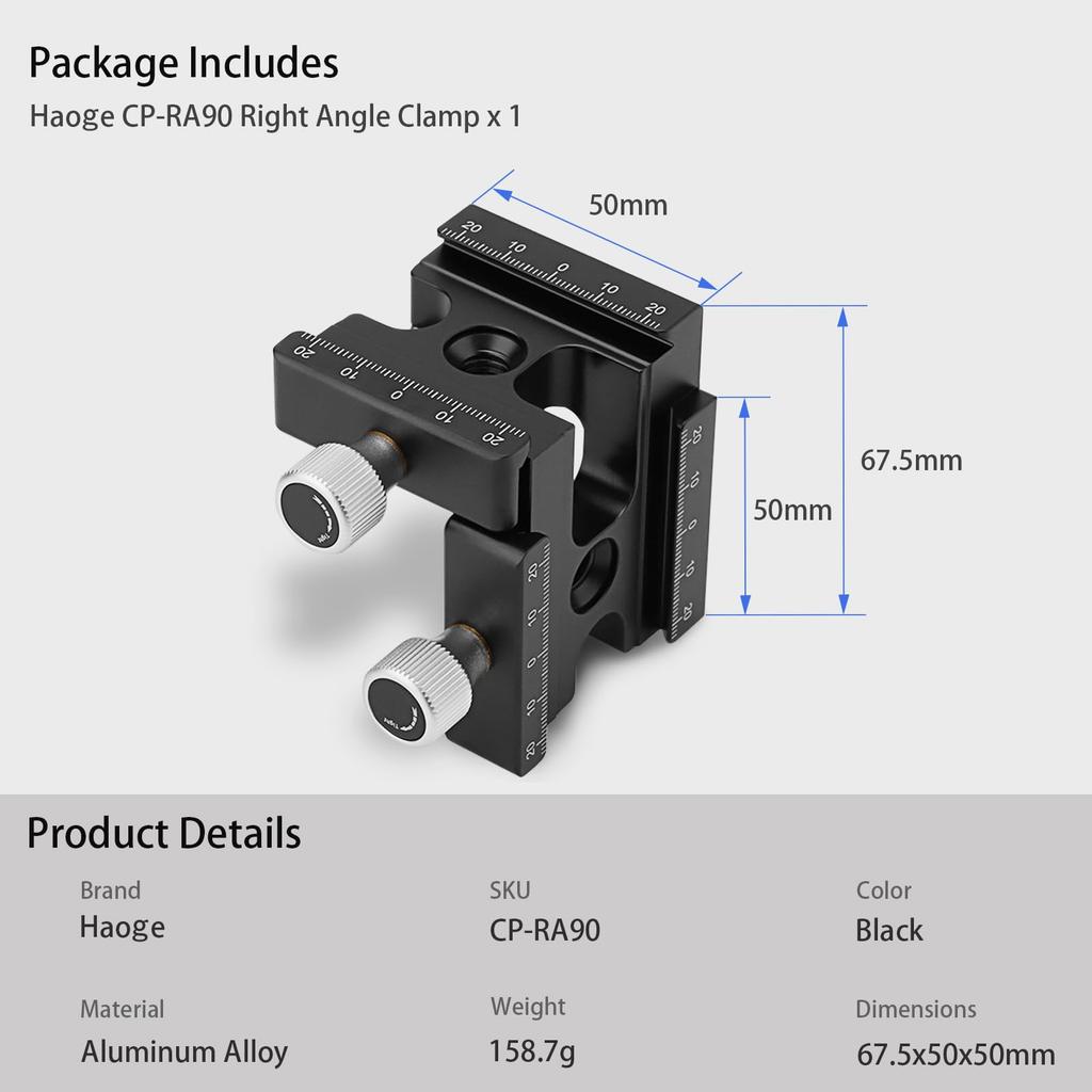 Haoge Right Angle 90 Double Quick Release with Screw for Arca Swiss RRS Benro Rail Plate Nodal Slide CP-RA90 Clamp, Degrees, L-Clamp 1/4" Thread,