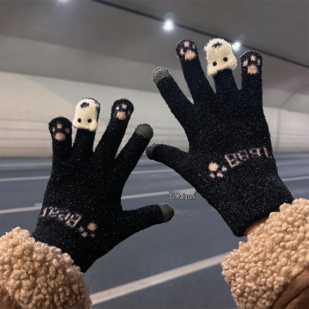 Women's Cute Winter Touchscreen Wool Knit Gloves - Velvet Lined, Cold-Proof for Cycling and Daily Wear