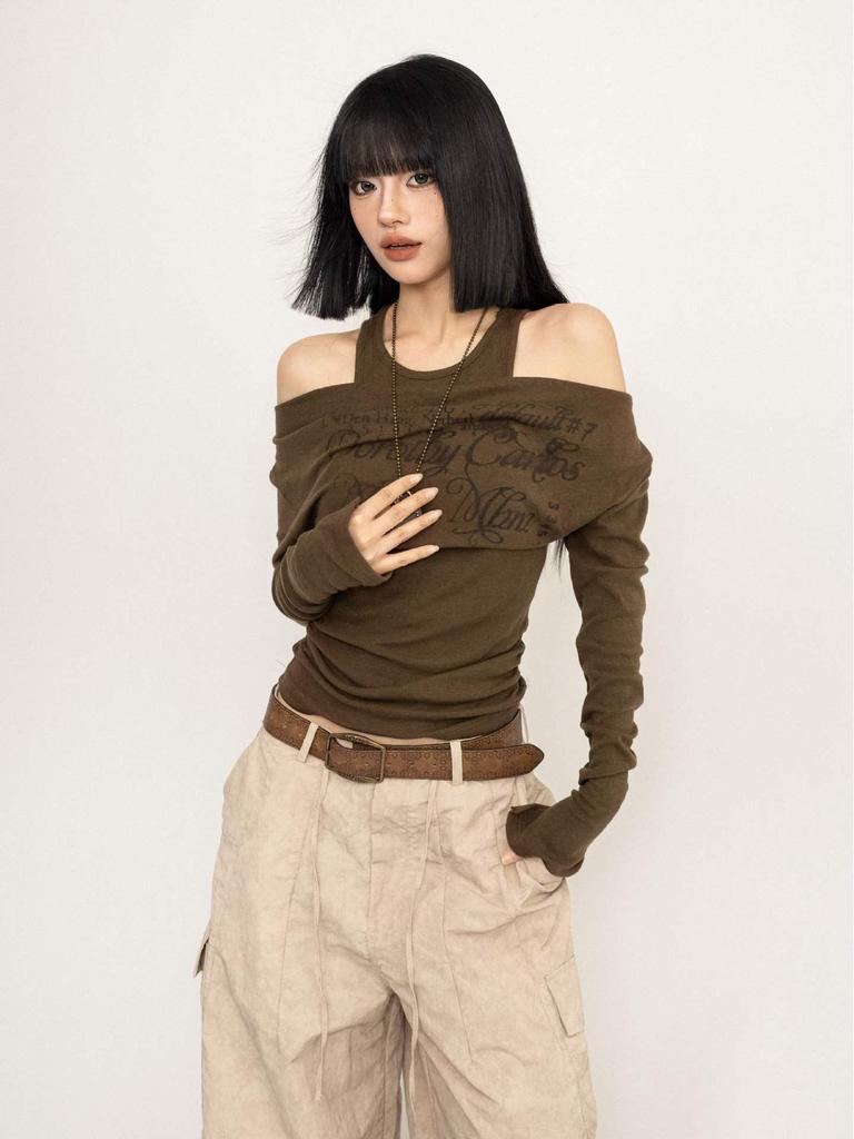 Damen Herbst Retro Ein-Schulter Slim Fit Langarm Oberteil