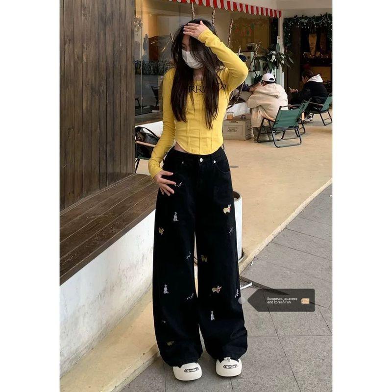 

Plus size Chubby Girl Puppy Embroidery Denim Cropped Pants Women Summer New Design Loose Slimming Straight Shorts Fashion