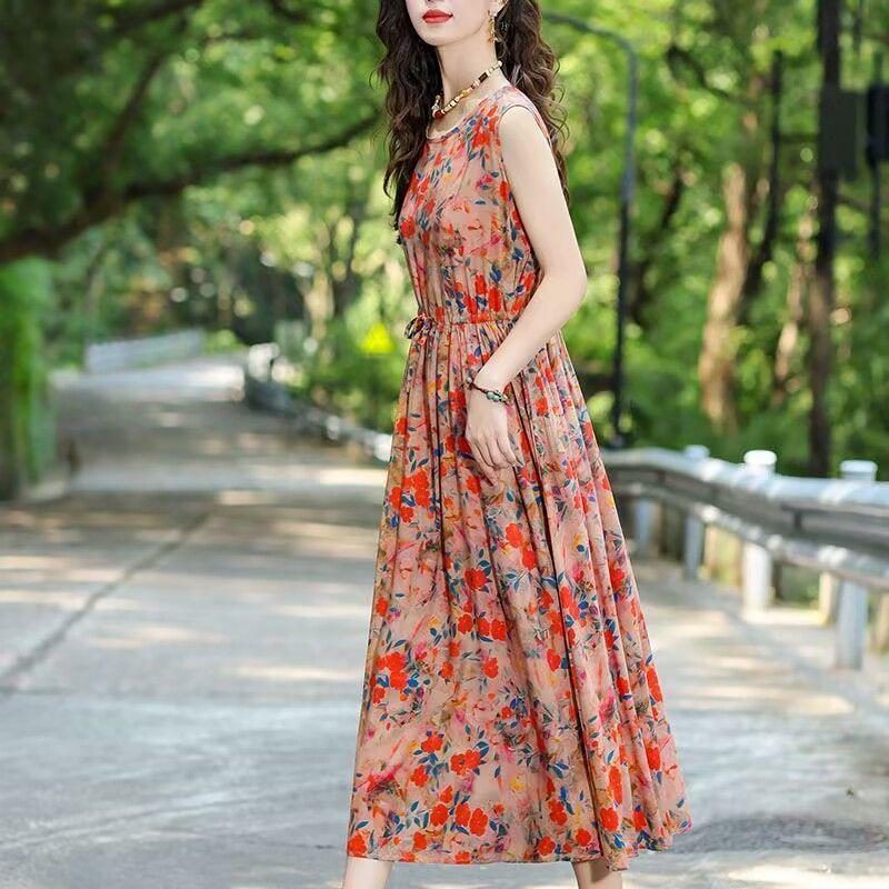 New Summer Floral Cotton-Silk Sleeveless Dress - Plus Size, Loose Fit, Slimming, Vacation Style Mom’s Long Dress
