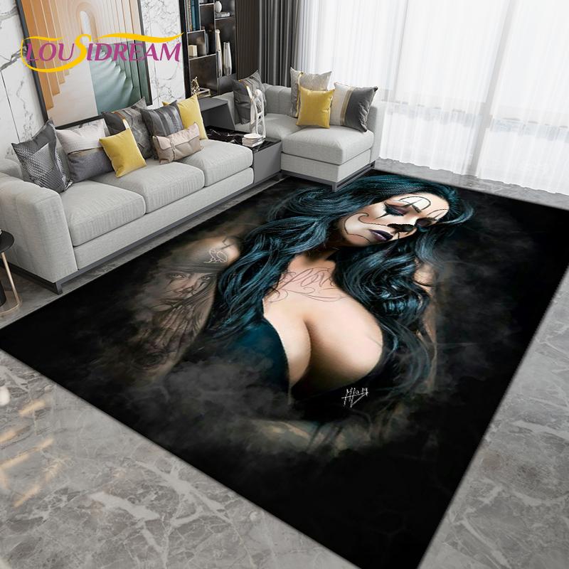 Cartoon Skull Girl Area Rug Large,Carpet Rug for Living Room Bedroom Sofa Decoration,Doormat Kitchen Bathroom Non-slip Floor Mat