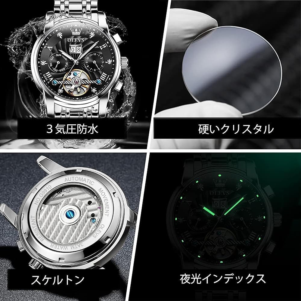 OLEVS Men's Automatic Watch Black Stylish Waterproof Calendar Display Business Fashion Timepiece