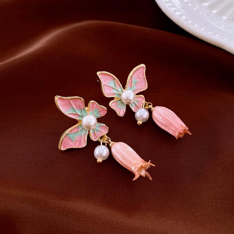 dripping oil contrasting color butterfly wind chimes flower silver needle earrings sweet flower temperament earrings