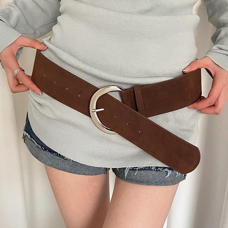 Pu Leather Wide Belt With Gold Buckle For Fashionable Casual Wear